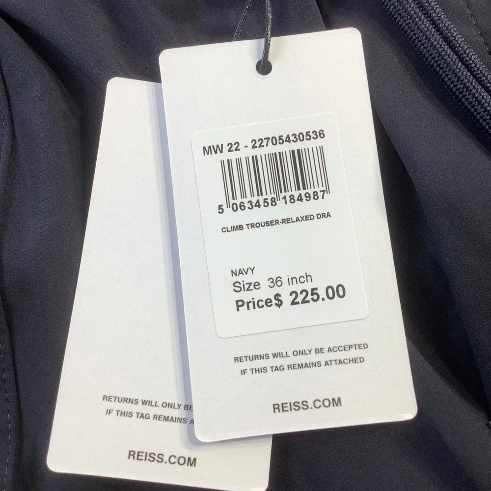 REISS Mens Navy Climb Trouser Relaxed Fit Drawstring Waist Zip Ankle Size 36 NWT